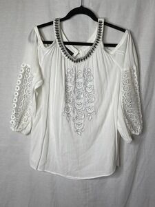 INC International Concepts Top Cold Shoulder Embroidery Boho Style Size M  *